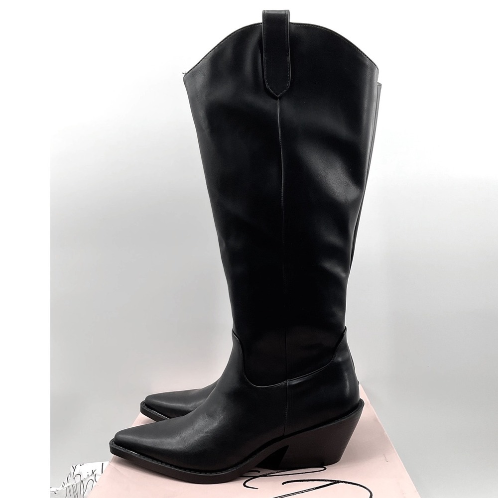 Wild Pair Letitiaap Black Faux Leather Pointed Toe Western Tall Boots Womens 8.5